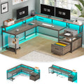 L Shaped Desk with Power Outlet and LED Lights V508