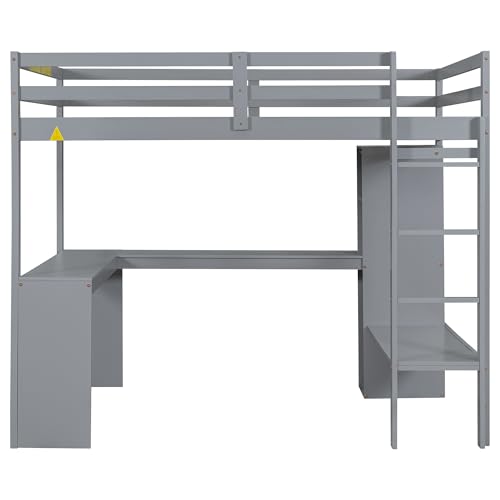 Grey Wood Full Size Loft Bed Frame with Desk, Wardrobe and Shelves B316