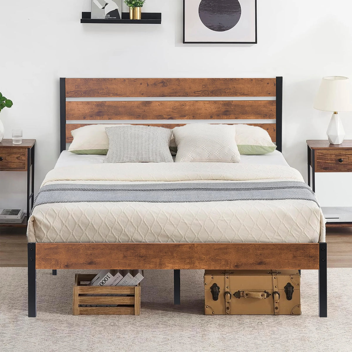 Queen Bed Frame with Wooden Headboard and Metal Slats S4278