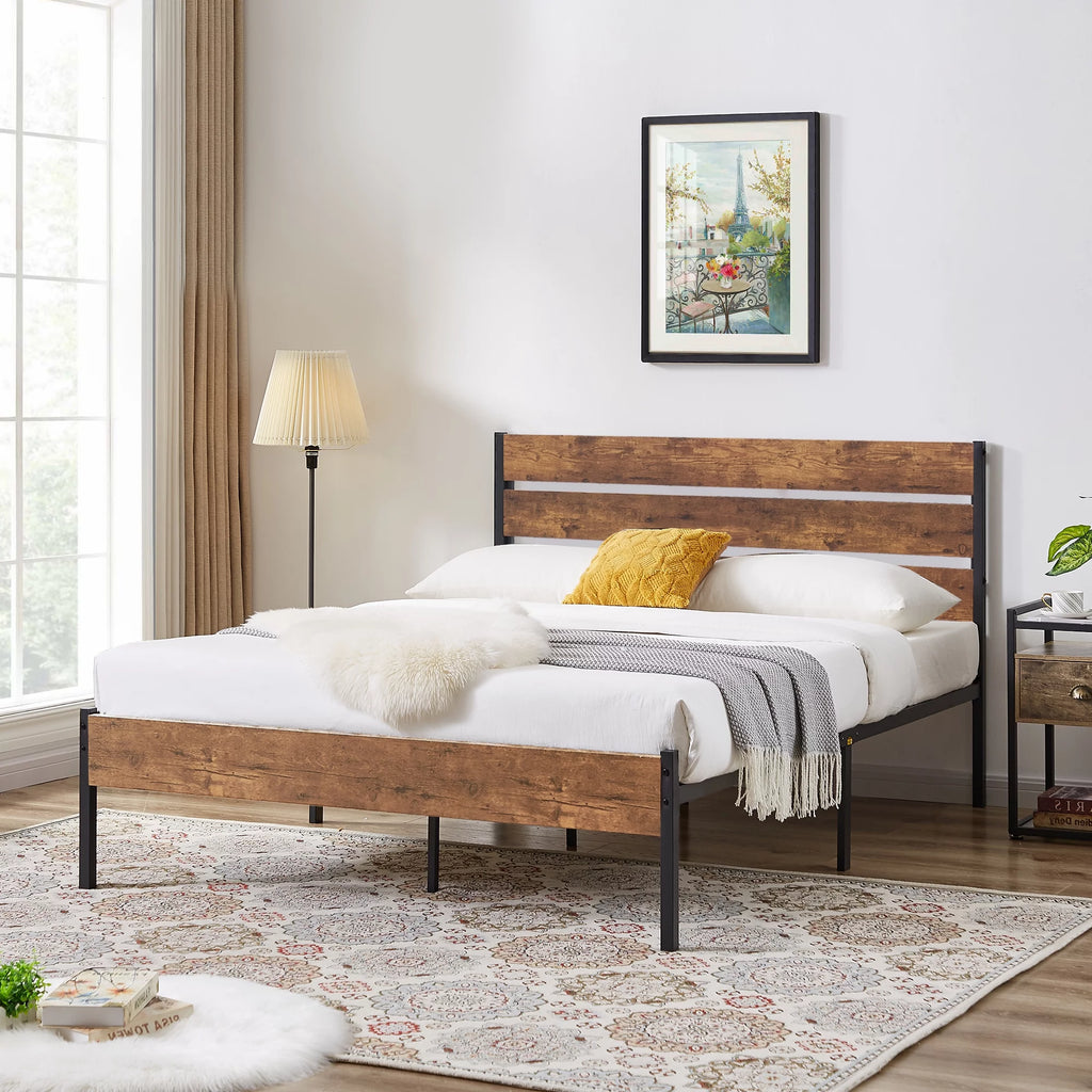 Queen Bed Frame with Wooden Headboard and Metal Slats S4278