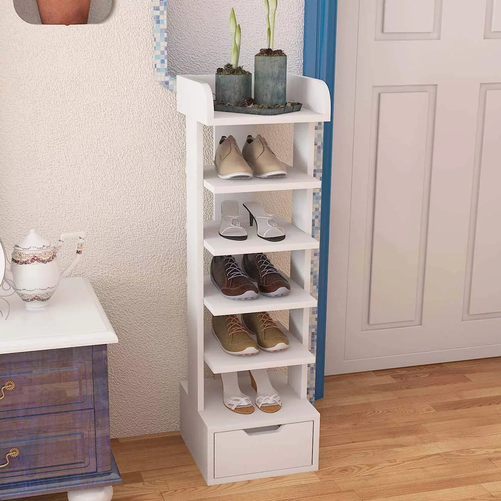 6-Tier White Wooden Shoe Rack with Storage Drawer V740