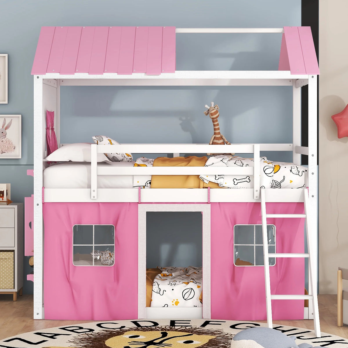 Twin Size Bunk Wood House Bed with Tent I83255
