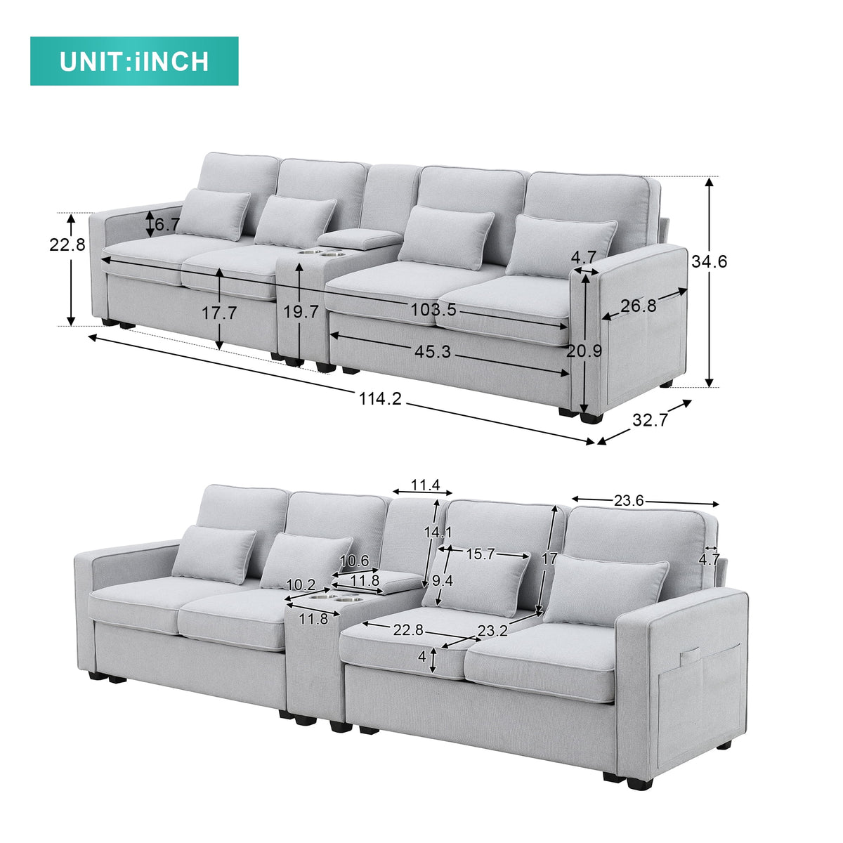 Upholstered Sofa with Console, 2 Cupholders and 2 USB Ports, Linen Fabric, 4-Seat Z1723
