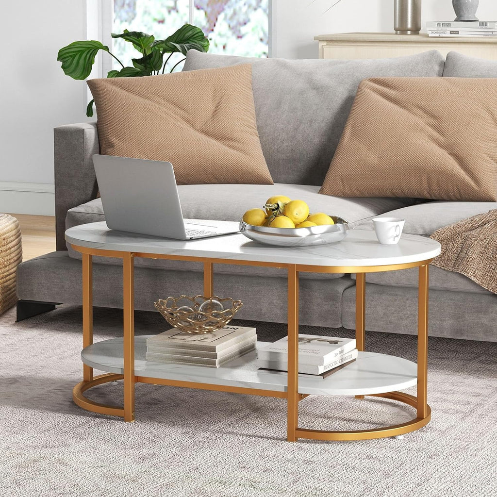 Gold 39” Oval 2 Tiers Faux Marble Top Metal Frame Coffee Table J614750