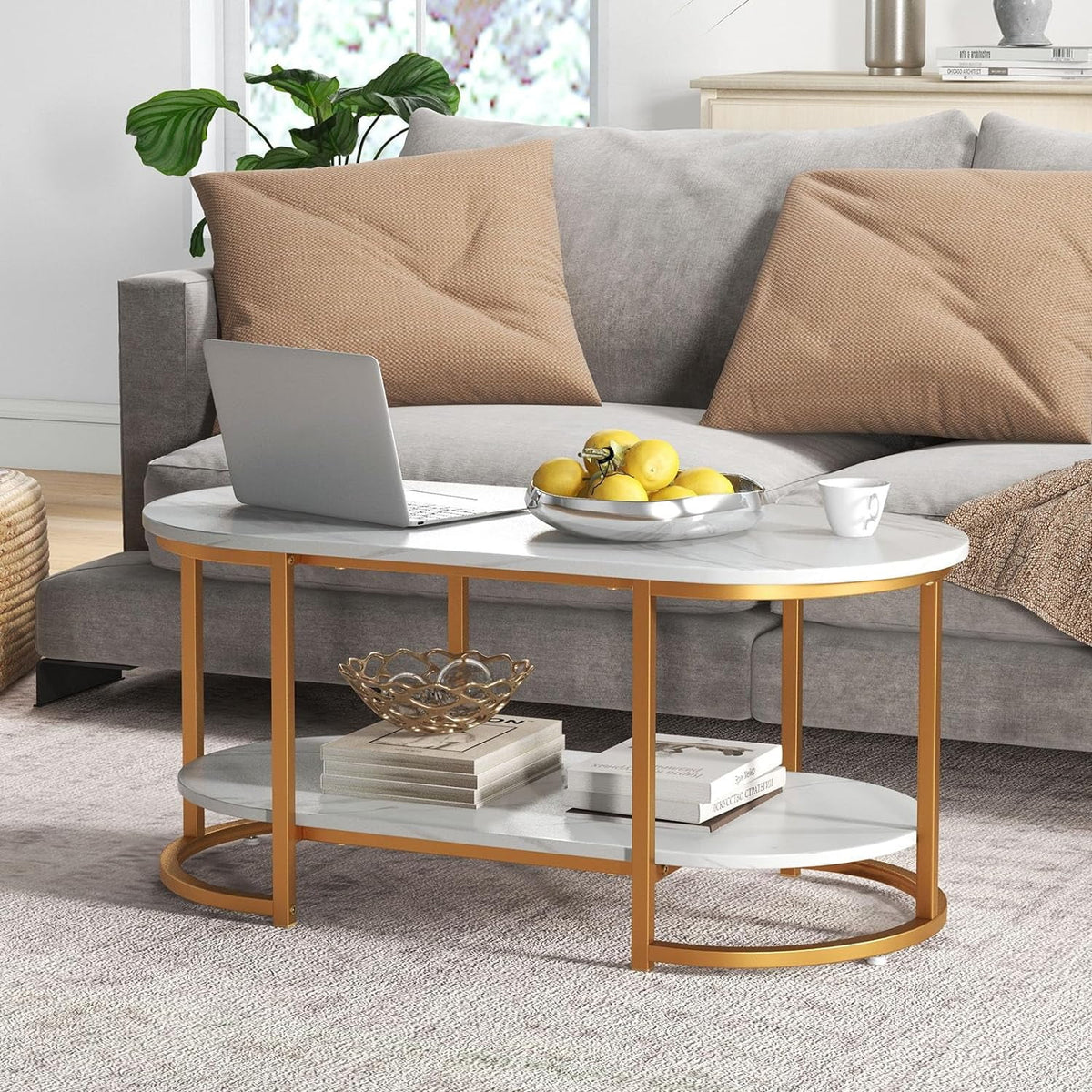 Gold 39” Oval 2 Tiers Faux Marble Top Metal Frame Coffee Table J614750