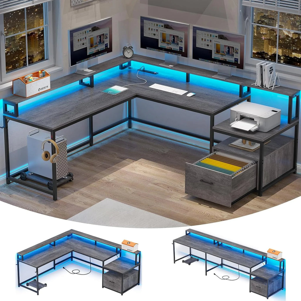 L Shaped Desk with Power Outlet and LED Lights V508