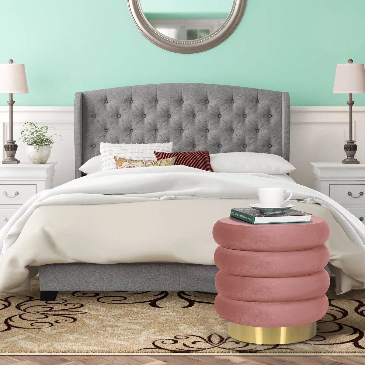 Pink Velvet Round Ottoman Stool M34711