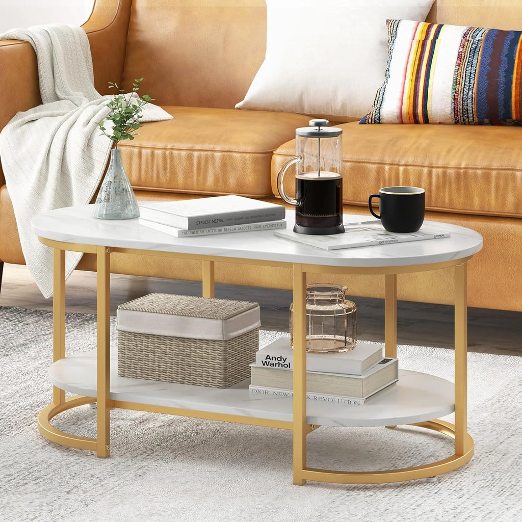 Gold 39” Oval 2 Tiers Faux Marble Top Metal Frame Coffee Table J614750