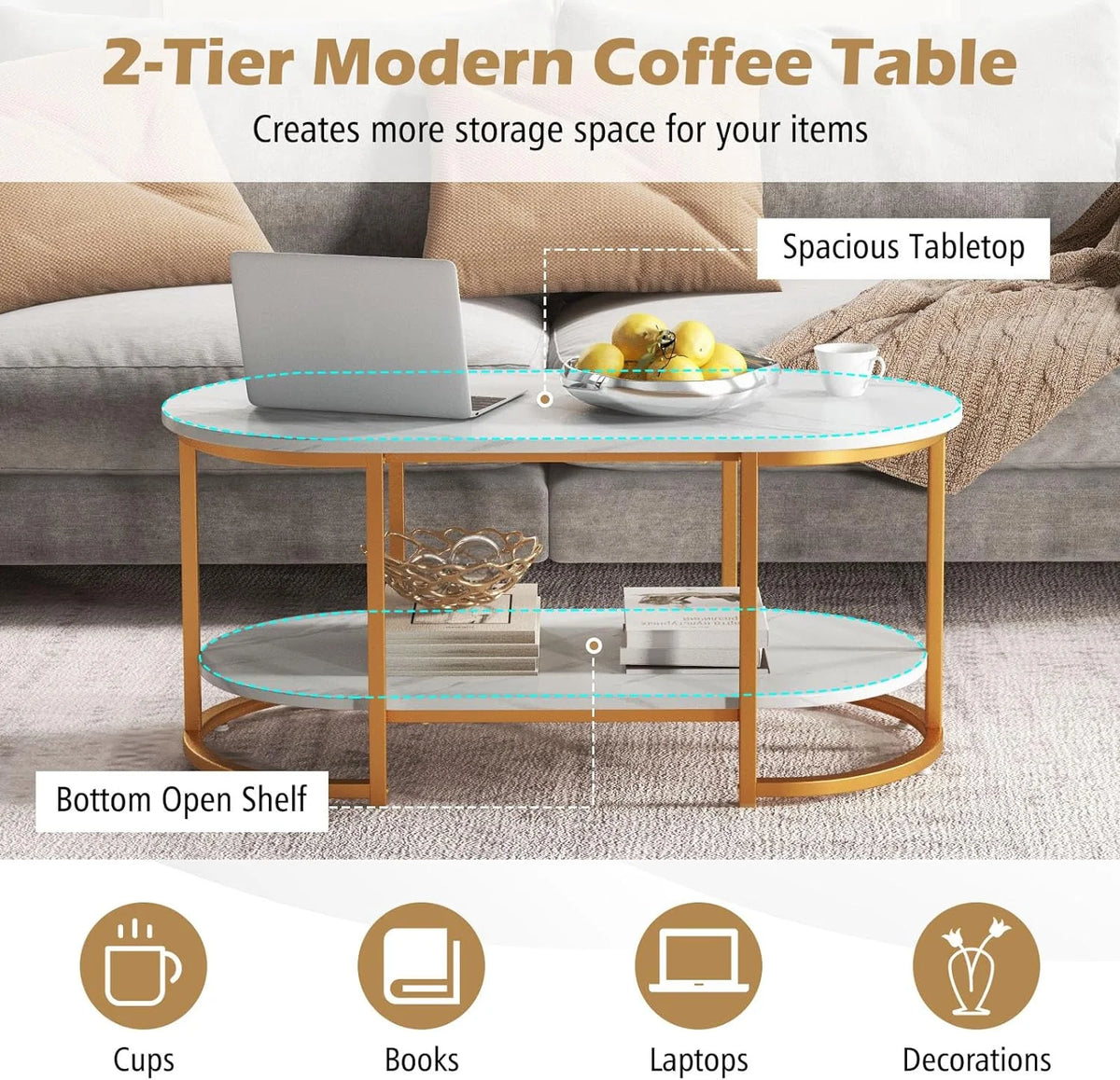 Gold 39” Oval 2 Tiers Faux Marble Top Metal Frame Coffee Table J614750