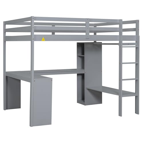 Grey Wood Full Size Loft Bed Frame with Desk, Wardrobe and Shelves B316