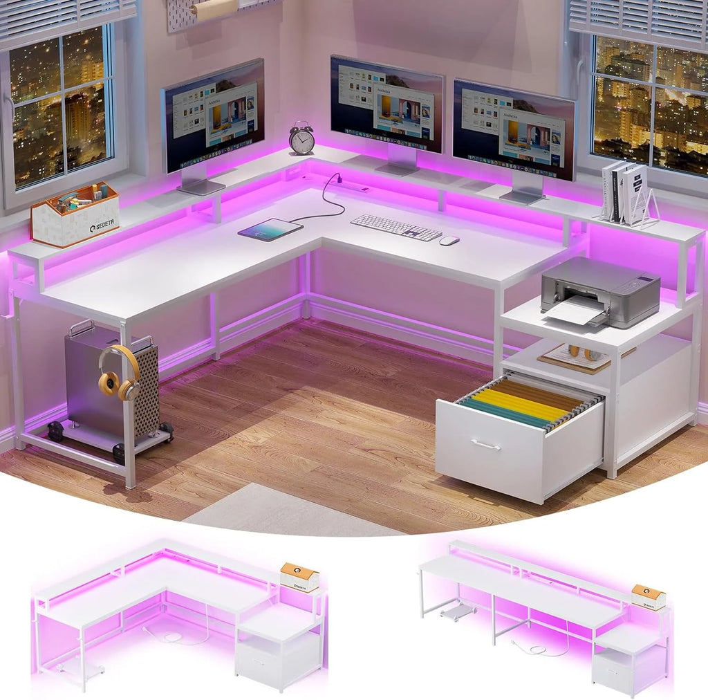 L Shaped Desk with Power Outlet and LED Lights V508