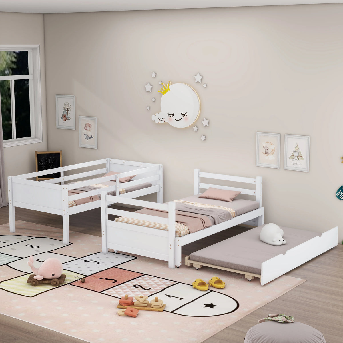 White Twin Over Full Solid Wood Bunk Bed with Trundle Q682604