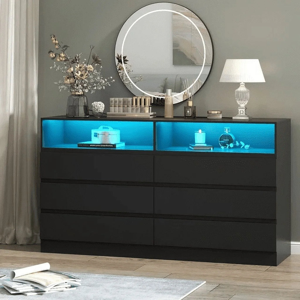 White 6 Drawer Double Dresser with Power Outlet and LED Light S1081