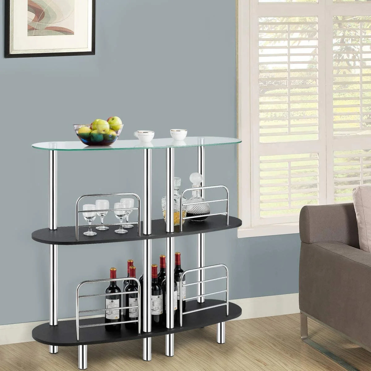 3-Tier Glass Liquor Bar Cabinet with Tempered Glass Counter Top Z474