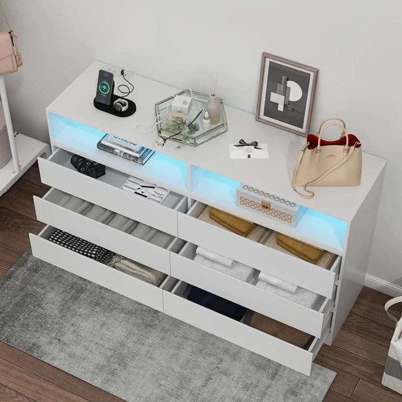 White 6 Drawer Double Dresser with Power Outlet and LED Light S1081