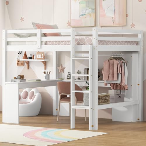 Grey Wood Full Size Loft Bed Frame with Desk, Wardrobe and Shelves B316