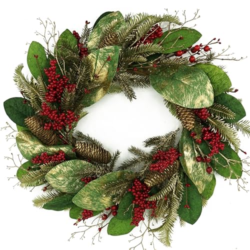 Artificial Christmas Magnolia Wreath with Green Gold Leaves, Pine Cones, Berry T257