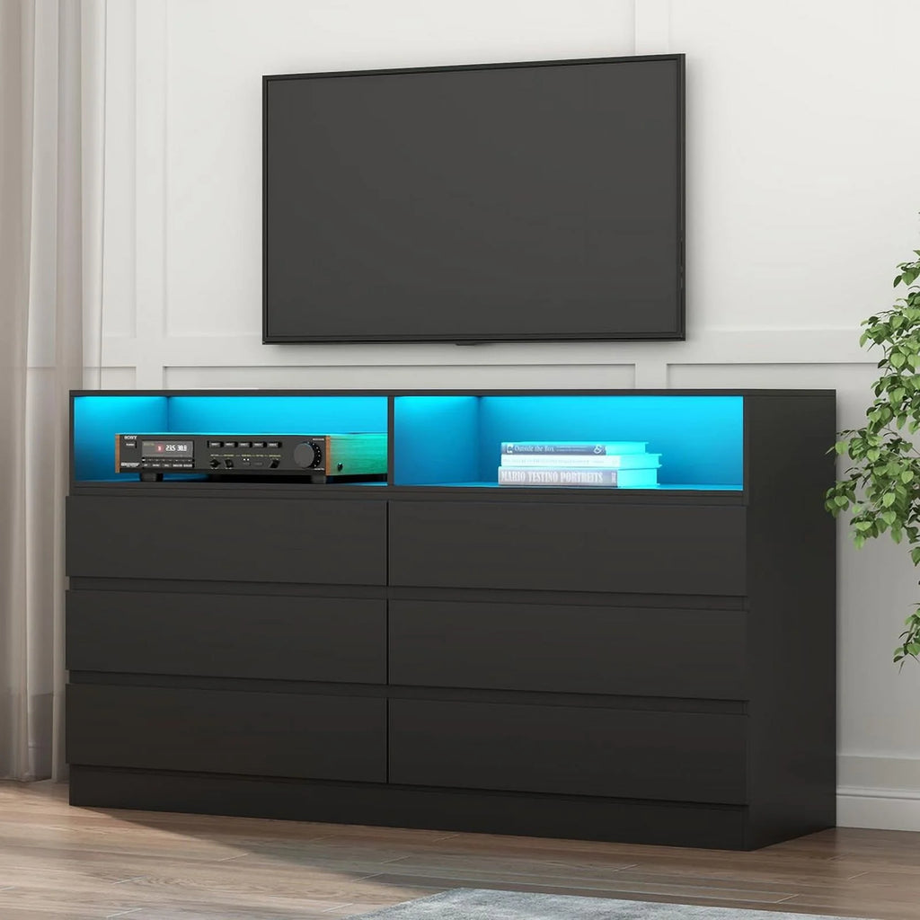 White 6 Drawer Double Dresser with Power Outlet and LED Light S1081