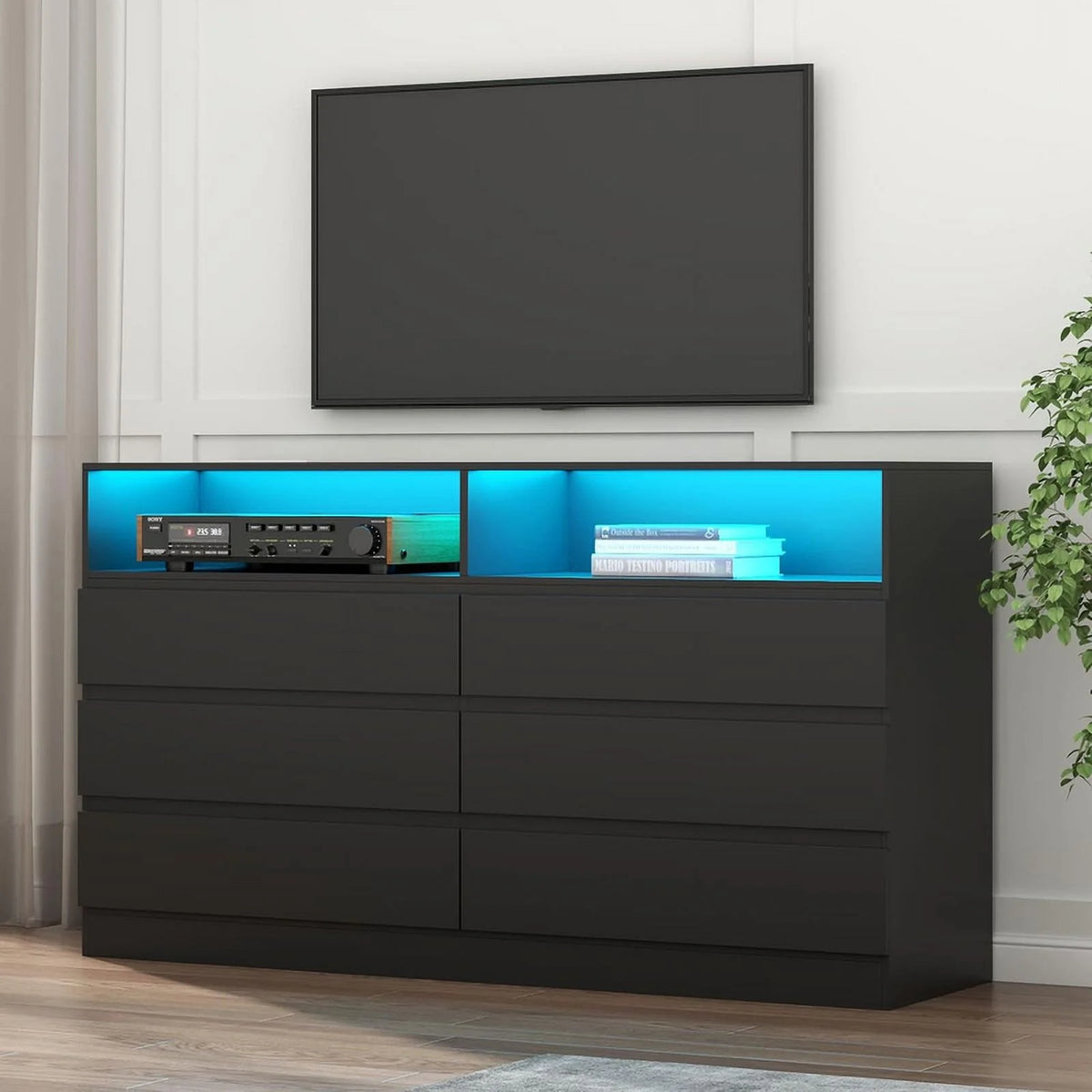 White 6 Drawer Double Dresser with Power Outlet and LED Light S1081