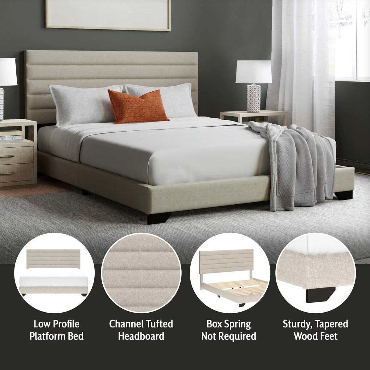 Charcoal Upholstered Queen Platform Bed S2601