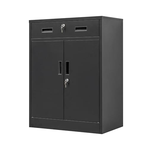 Metal Storage Cabinet with Locking Doors and 2 Drawers, White M7926