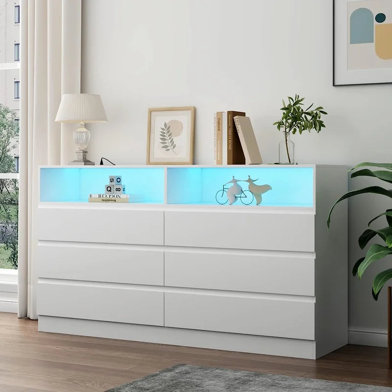 White 6 Drawer Double Dresser with Power Outlet and LED Light S1081