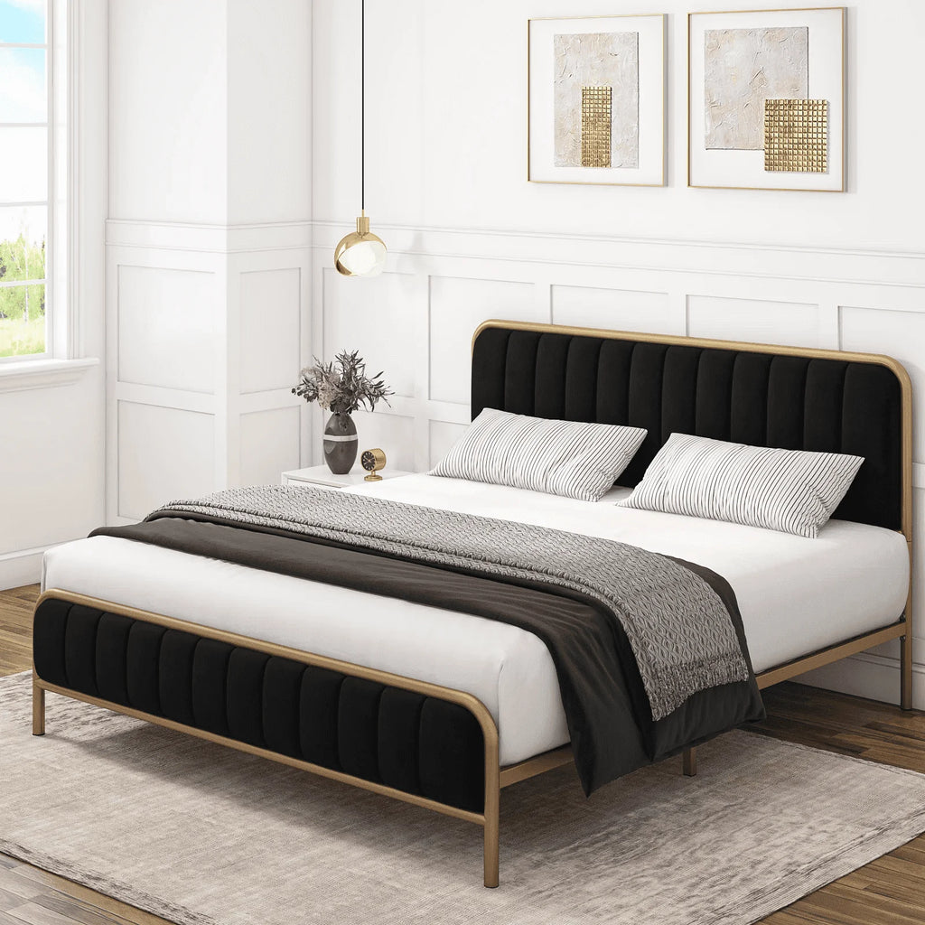 Queen Size Metal Bed Frame with Tufted Upholstered Headboard M247