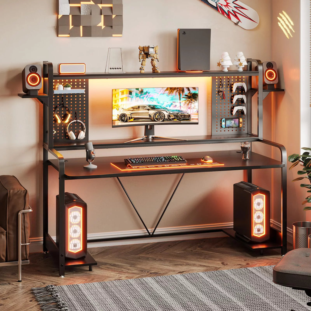 Black 55" Gaming Desk with LED Lights and Shelves Y665