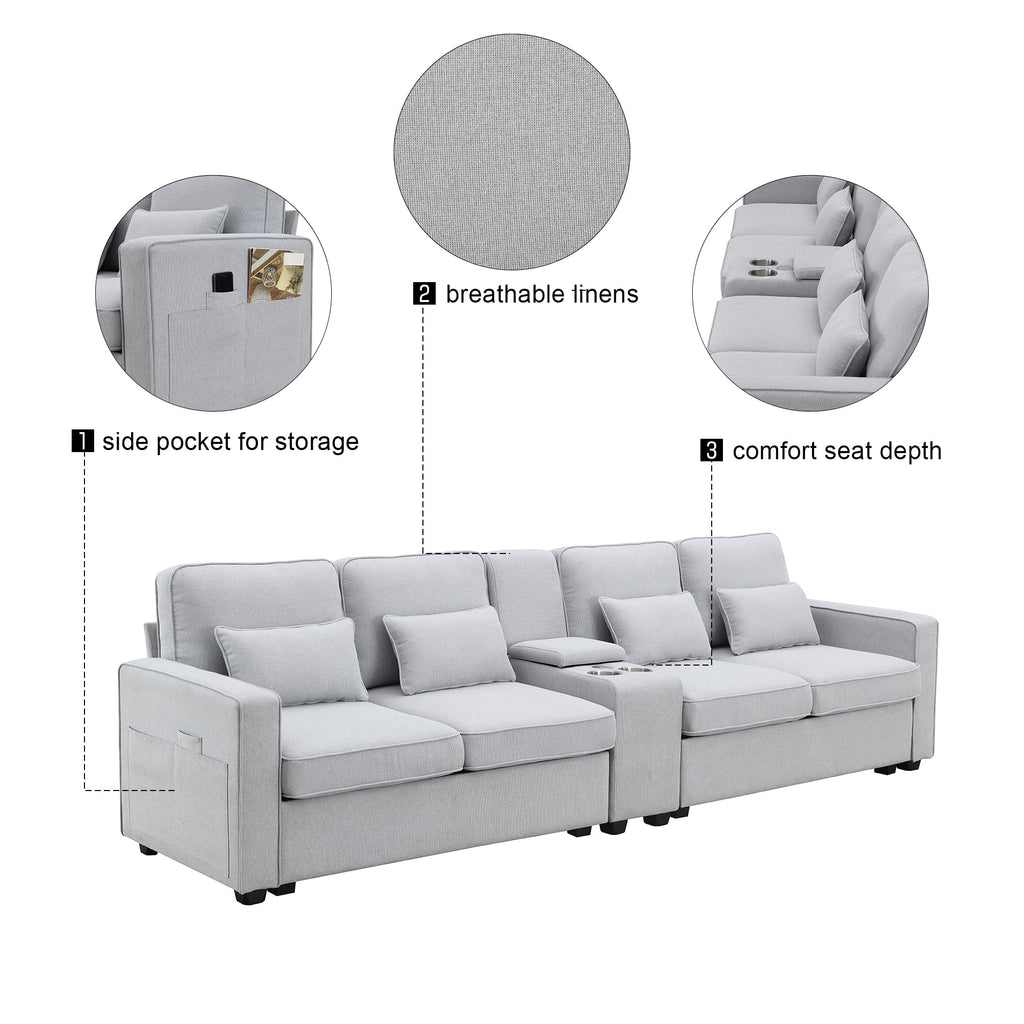Upholstered Sofa with Console, 2 Cupholders and 2 USB Ports, Linen Fabric, 4-Seat Z1723