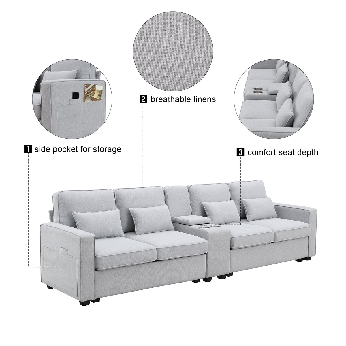 Upholstered Sofa with Console, 2 Cupholders and 2 USB Ports, Linen Fabric, 4-Seat Z1723