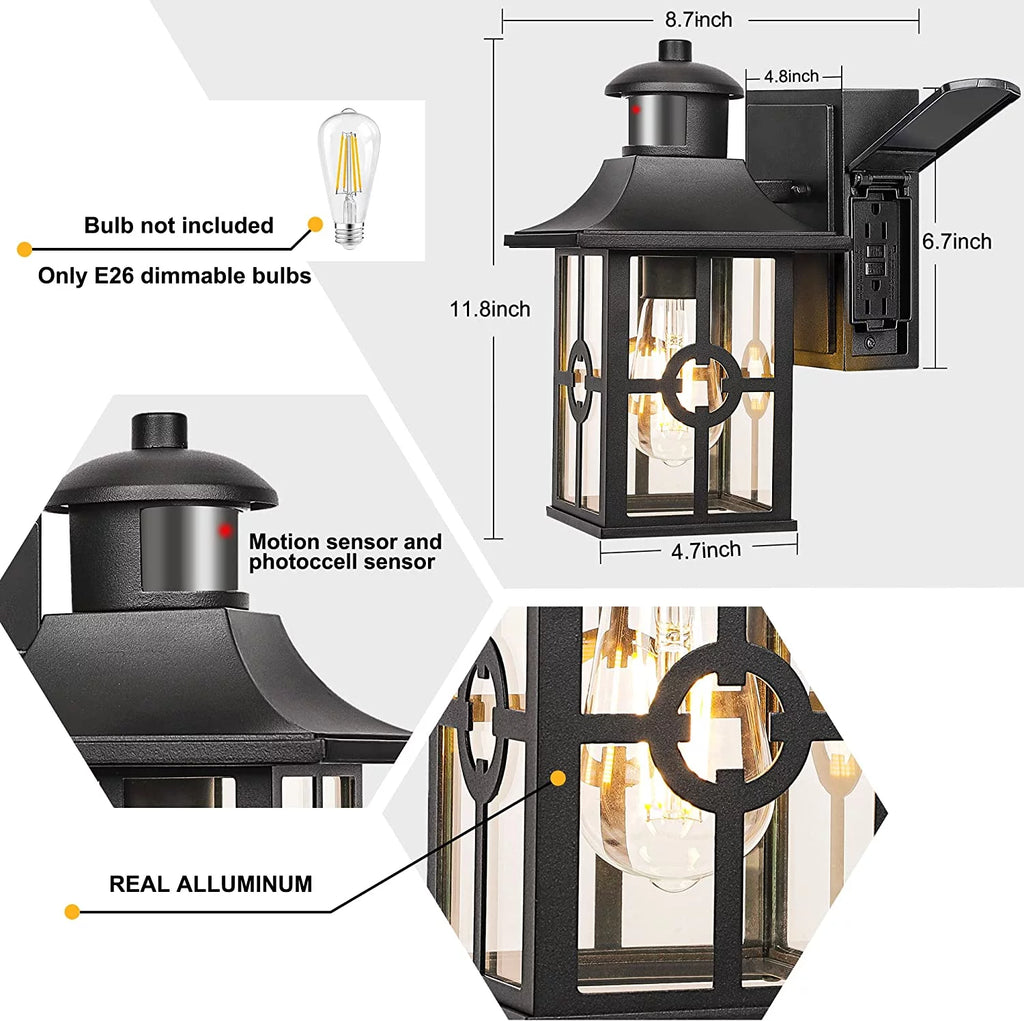 Motion Sensor Porch Light with 2 GFCI Outlets Waterproof Aluminum B212006