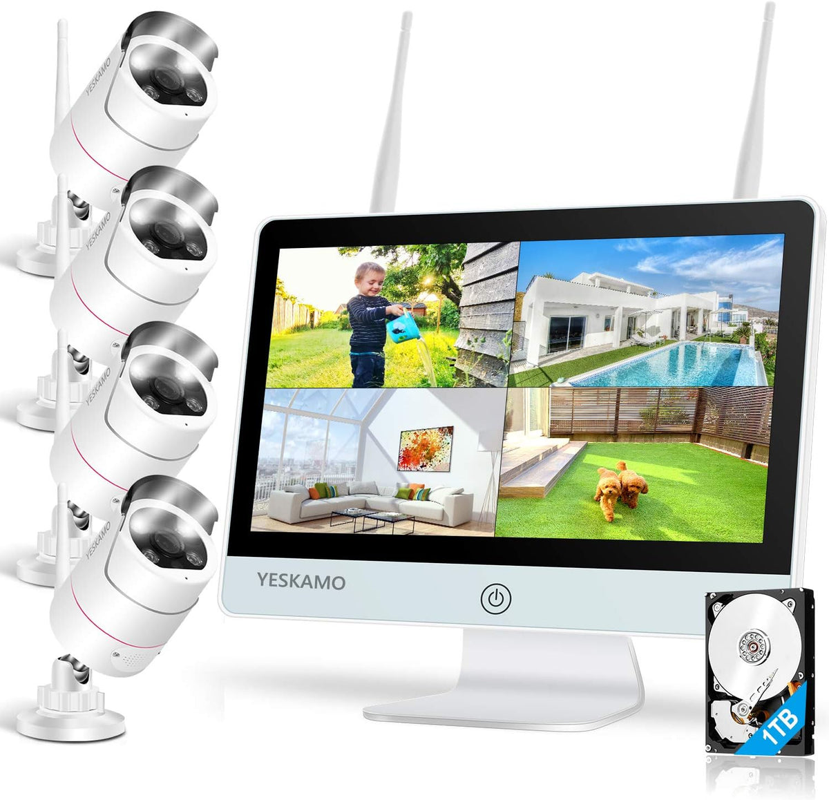 Wireless Security Camera System with 12'' Monitor 2 Way Audio, 3MP WiFi IP Cameras AI Human Detection Siren Alarm, 1080P HD Home Surveillance System with Hard Drive F149162