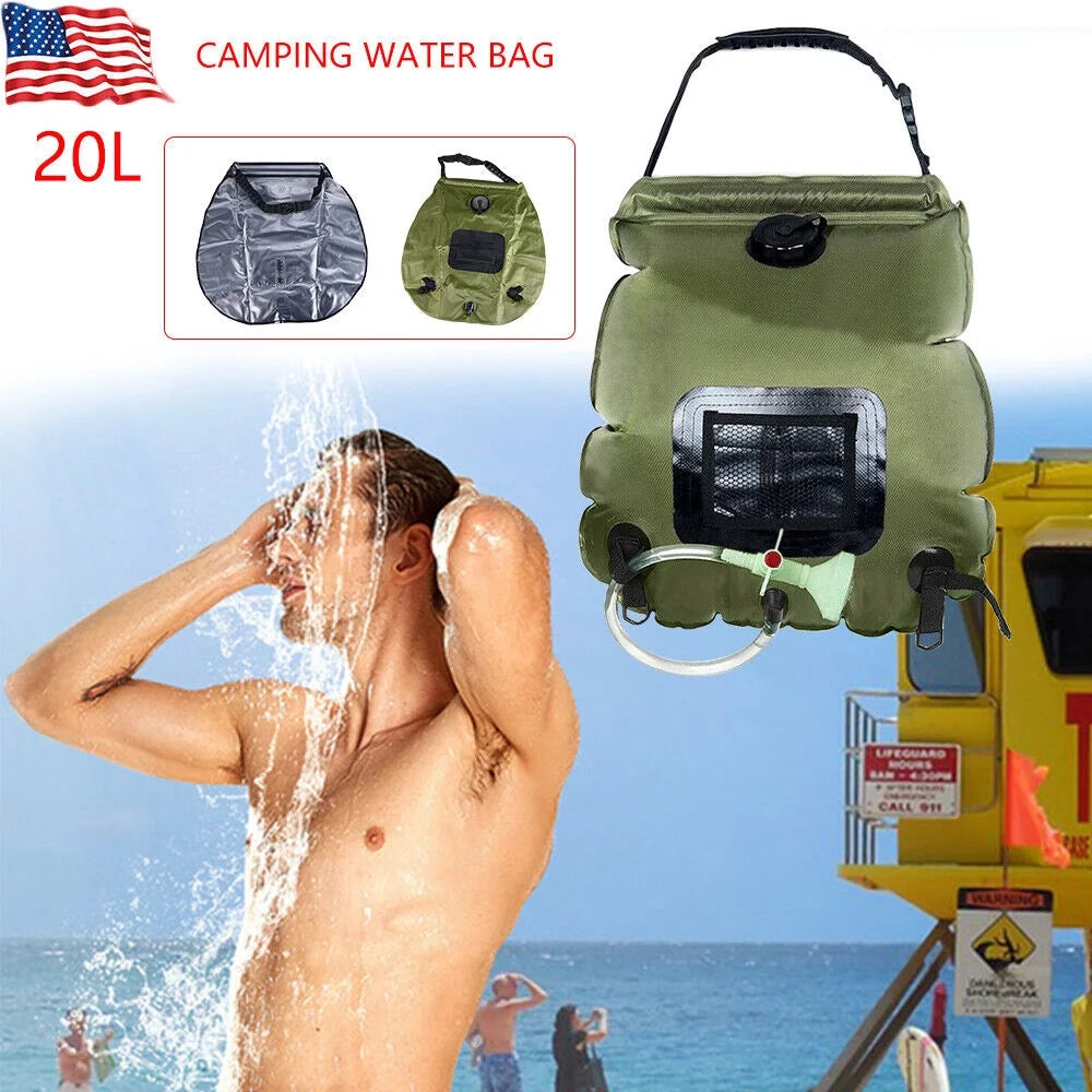 5 Gallon Solar Heated Camping Shower Bag with Removable Hose, Green PVC I80285