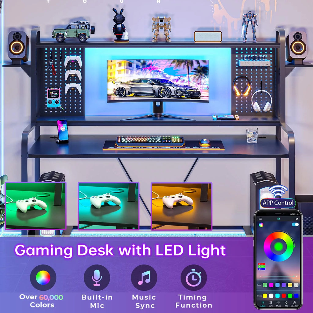 Black 55" Gaming Desk with LED Lights and Shelves Y665