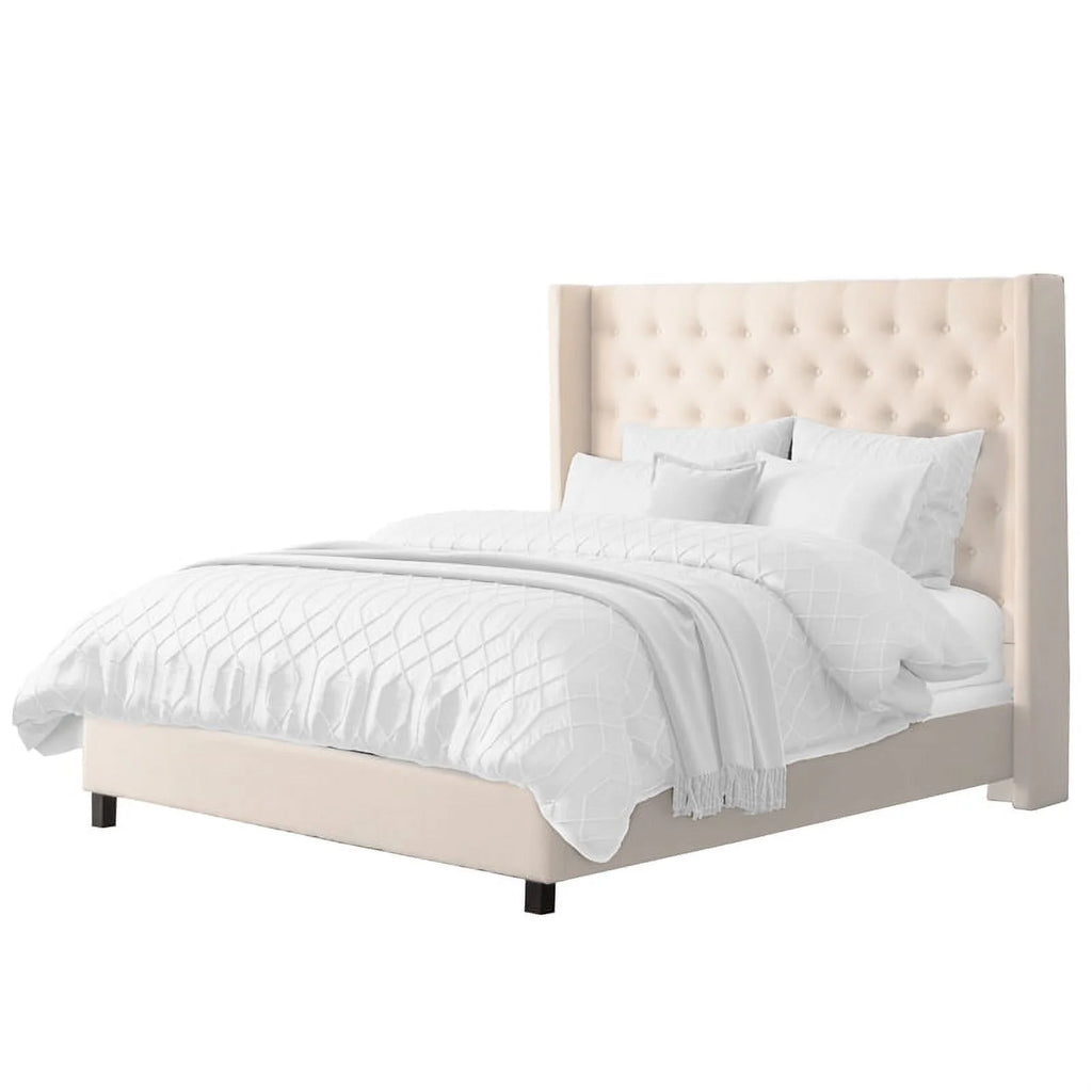 Cream Fabric Tufted Wingback Queen Bed with Slats I836487