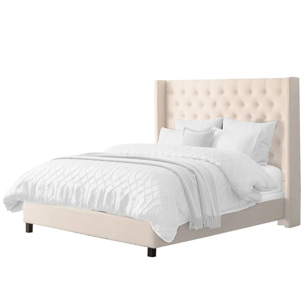Cream Fabric Tufted Wingback Queen Bed with Slats I836487