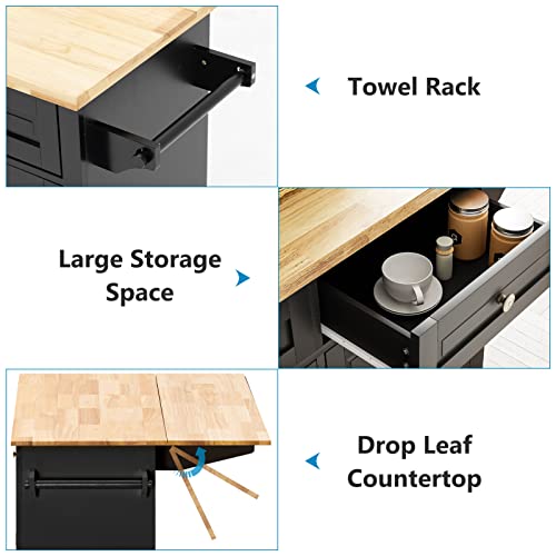 White Rolling Kitchen Island with Drop Leaf and Storage Cabinet S20451
