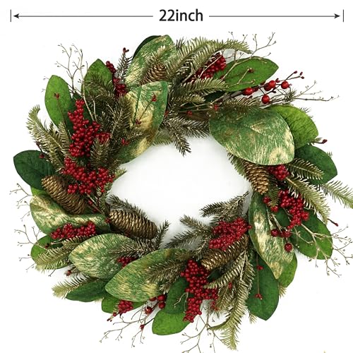 Artificial Christmas Magnolia Wreath with Green Gold Leaves, Pine Cones, Berry T257