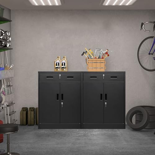 Metal Storage Cabinet with Locking Doors and 2 Drawers, White M7926