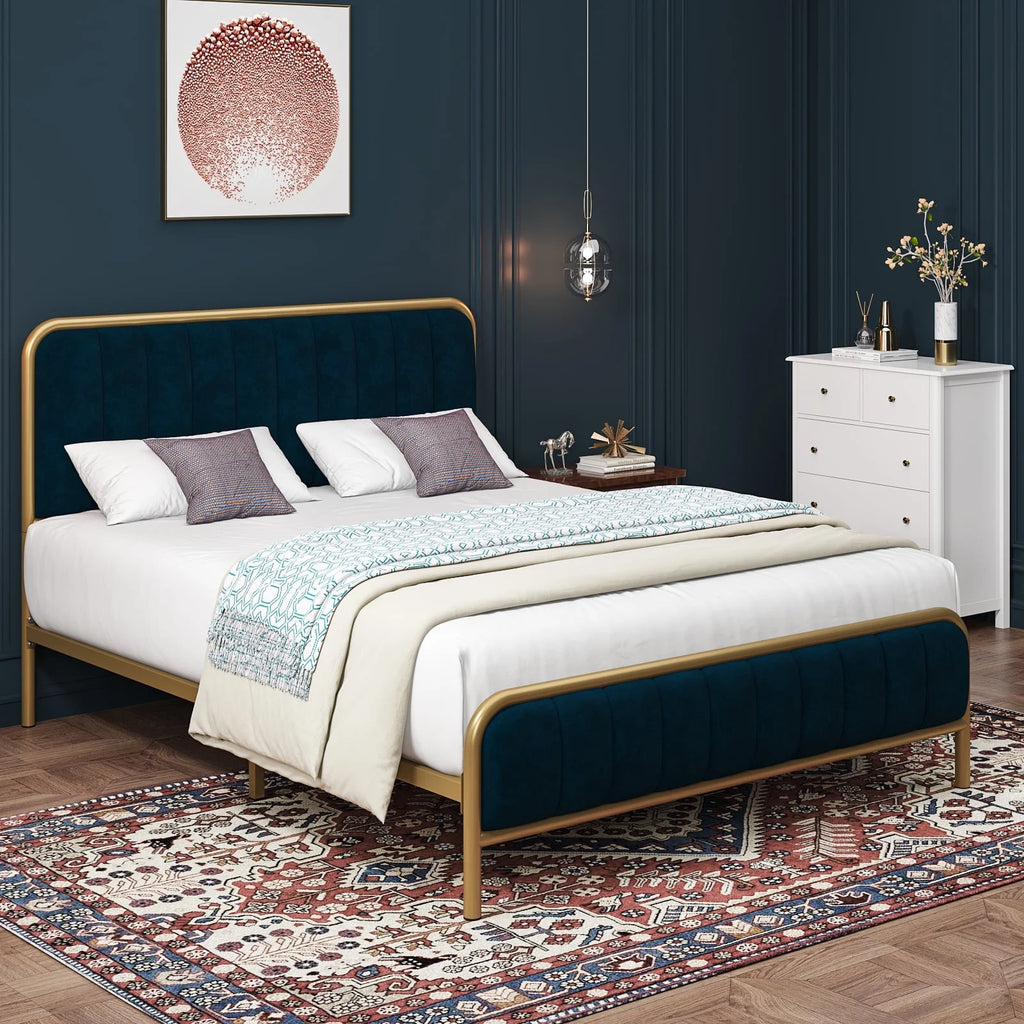 Queen Size Metal Bed Frame with Tufted Upholstered Headboard M247