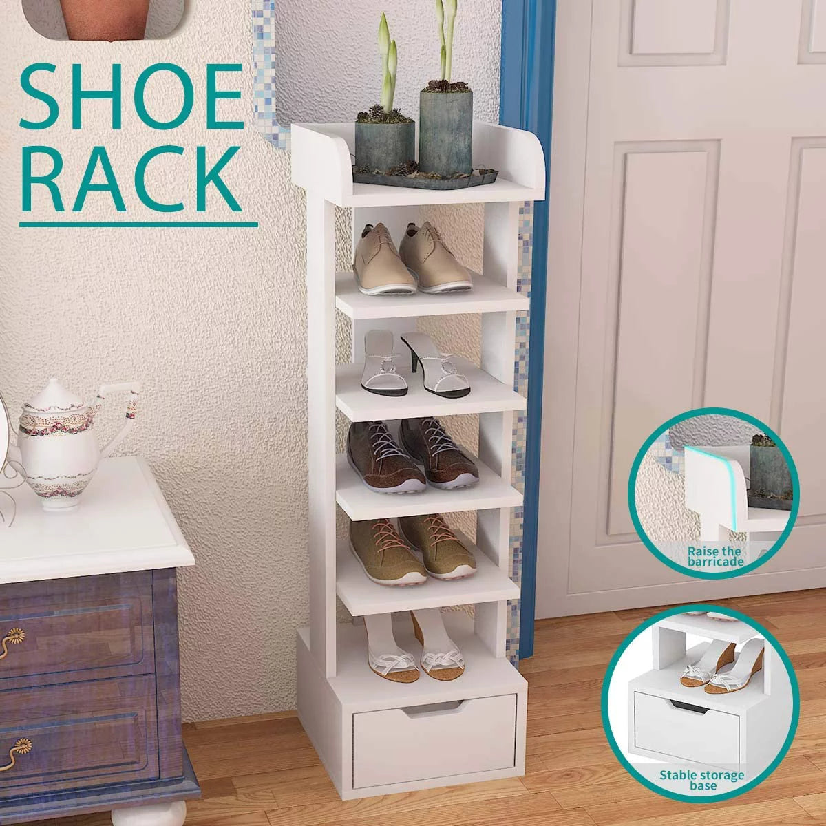 6-Tier White Wooden Shoe Rack with Storage Drawer V740