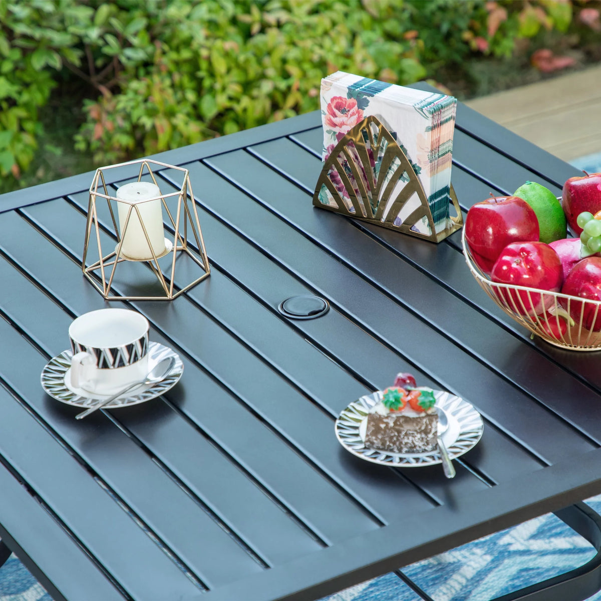 5 Pieces Patio Dining Sets Outdoor Metal All Weather Furniture Sets with Umbrella Hole, Black Z90502