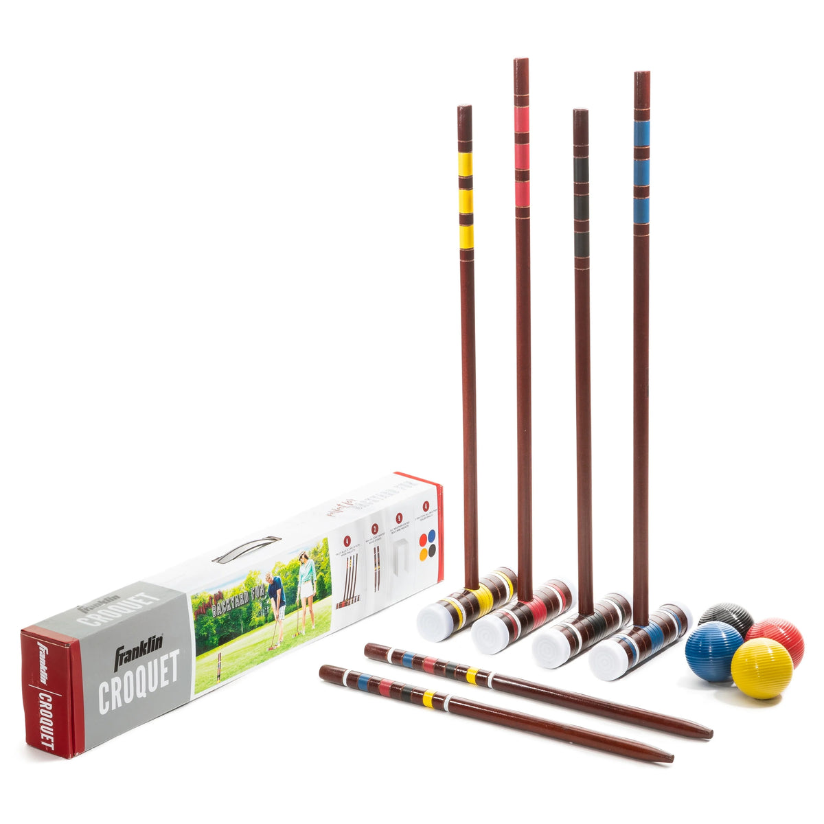 4 Croquet Wood Mallets 4 Balls 2 Wood Stakes 9 Metal Wickets Croquet Set O615