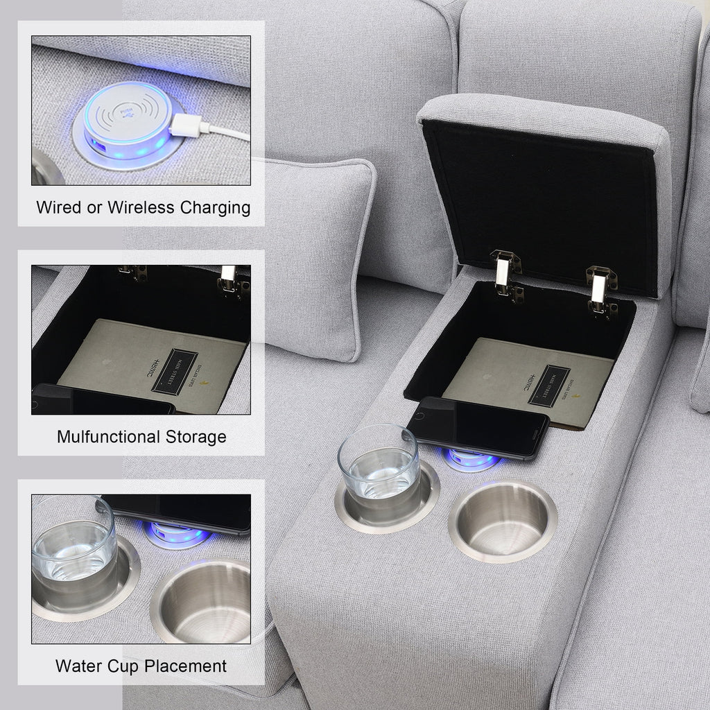 Upholstered Sofa with Console, 2 Cupholders and 2 USB Ports, Linen Fabric, 4-Seat Z1723