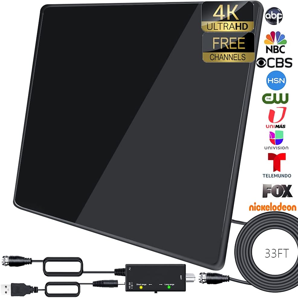 Indoor/Outdoor Digital TV Antenna with Amplifier Booster and 33ft Coaxial Cable I671