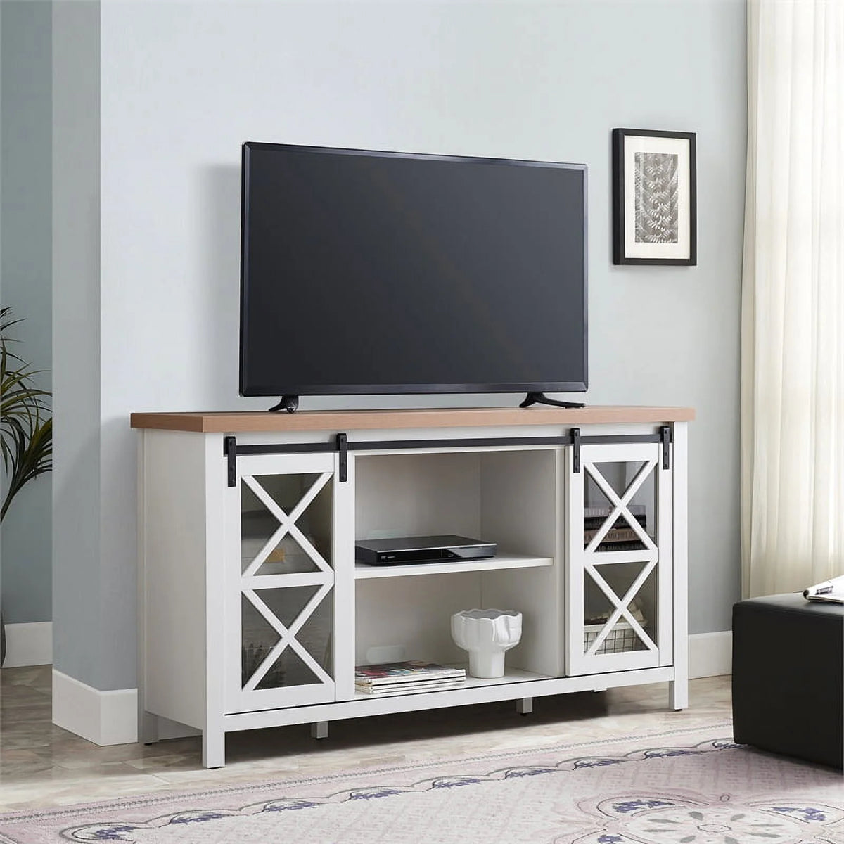 Mid-Century Wood 58" White and Golden Oak TV Stand Y442